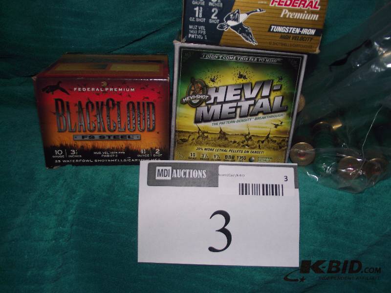 lot 3 image: Assorted 10ga. 312 (steel 25 Black Cloud #2)(19 Hevi shot BBB)(10 Federal Premium Tungsten Iron #2)(9 Nitro Steel)