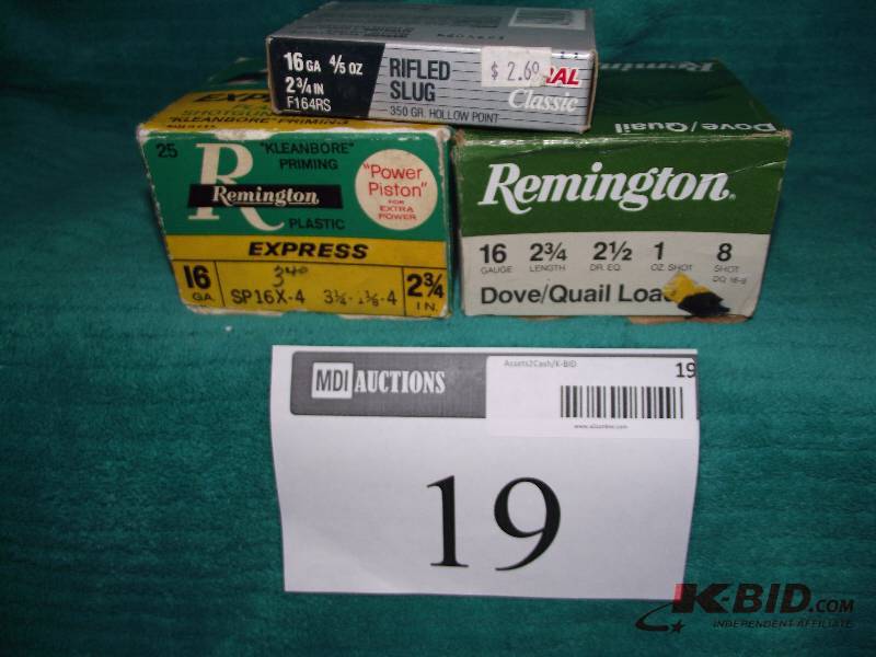 lot 19 image: 16ga. Remington 21 #8, 25 #4 and 5 Federal rifled slugs
