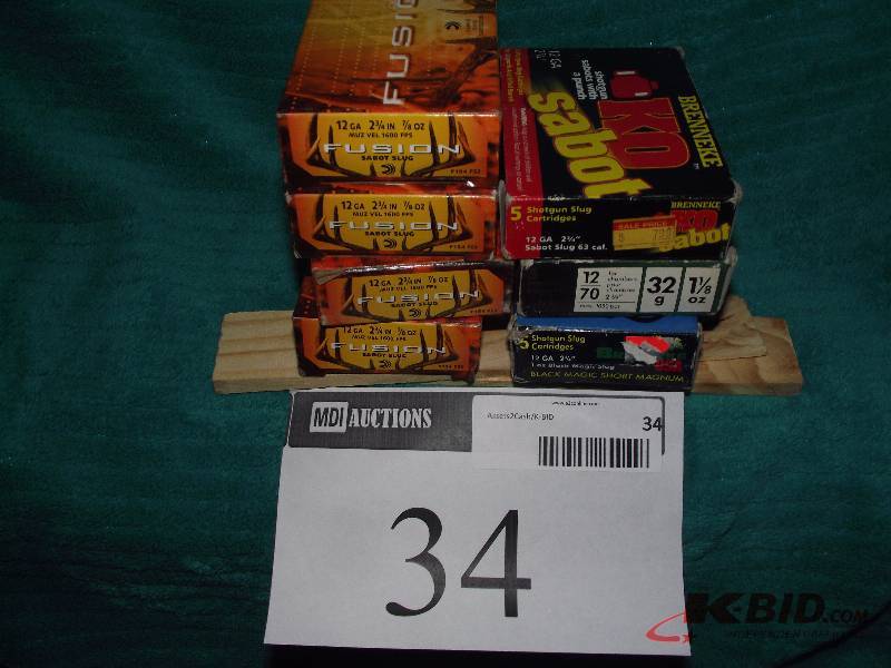 lot 34 image: 12ga. 20 Fusion Sabot 2   slugs, 5 Brenneke 2   KO Sabots, 5 2  Rottweil Breneke slugs and 3 2  Breneke  Black Magic short magnum slug