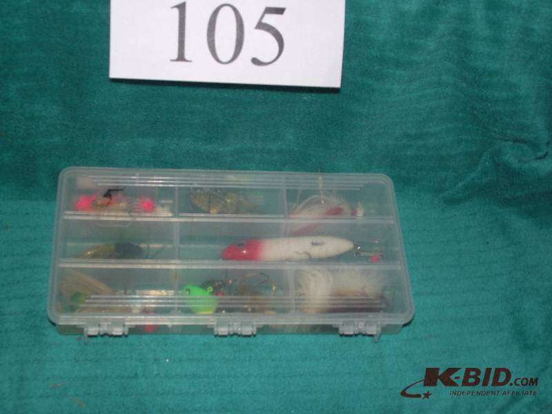 lot 105 image: Small plastic tray with assorted jigs and lures