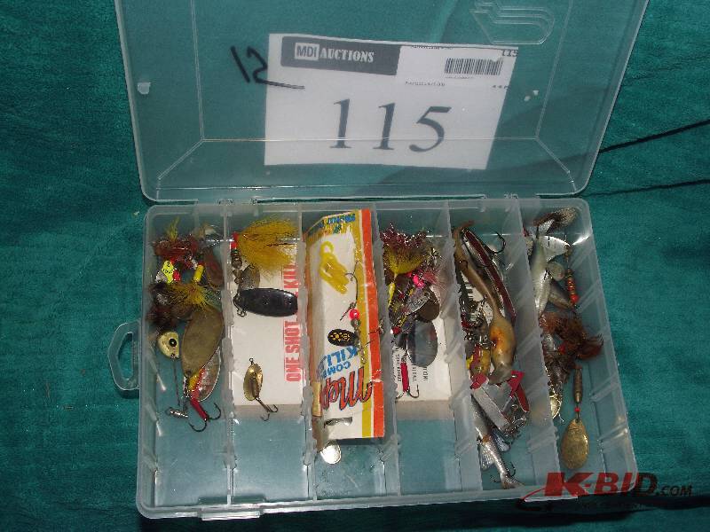 lot 115 image: Plastic tray with assorted Mepps spinners and other lures