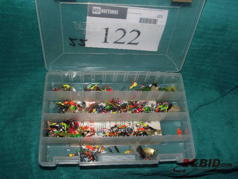 lot 122 image: Plastic tray with assorted jigs, lures, snap and other misc.