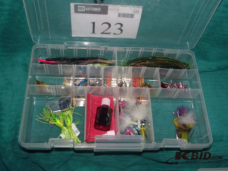 lot 123 image: Plastic tray with assorted spoons, rigged plastic worms and lures