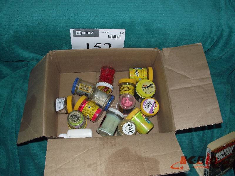 lot 152 image: Box of assorted Powerbaits and attractants 15 jars