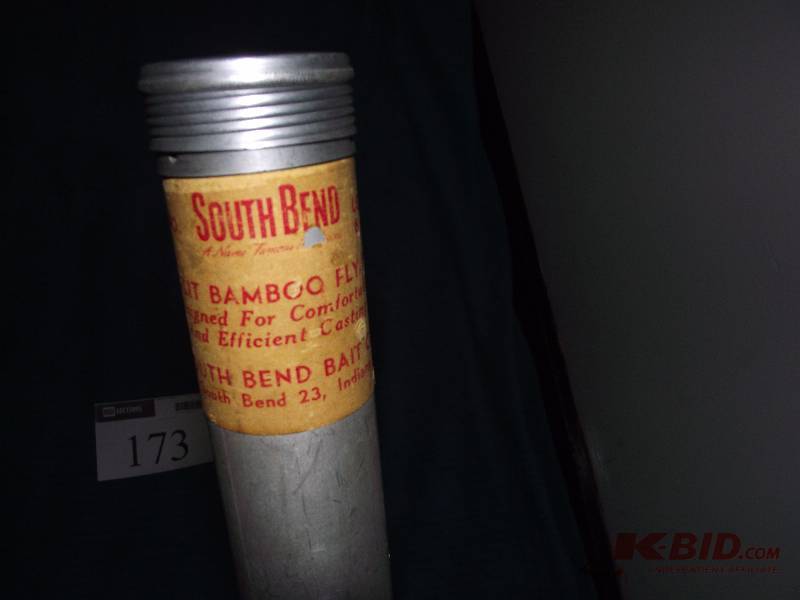 lot 173 image: South Bend bamboo fly rod #323 8 12 Ft. with cloth case in an original aluminum case