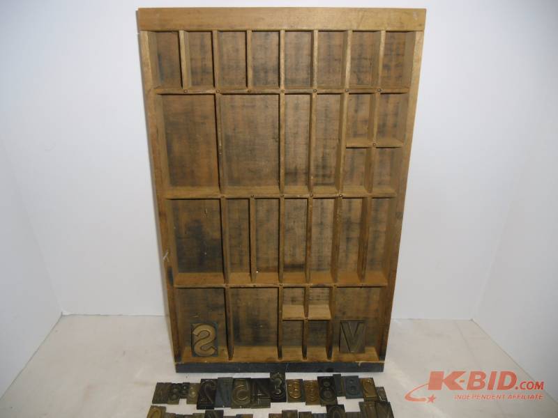 Vintage Printers Type Case and Brass Numbers and Letters