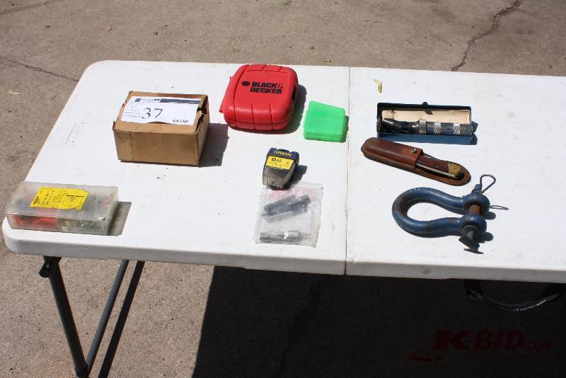 lot 37 image: Lot of (9) Including Hardware Impact Bit Set Bits Folding Knife Towing Fitting Hold-It Switch Supports.