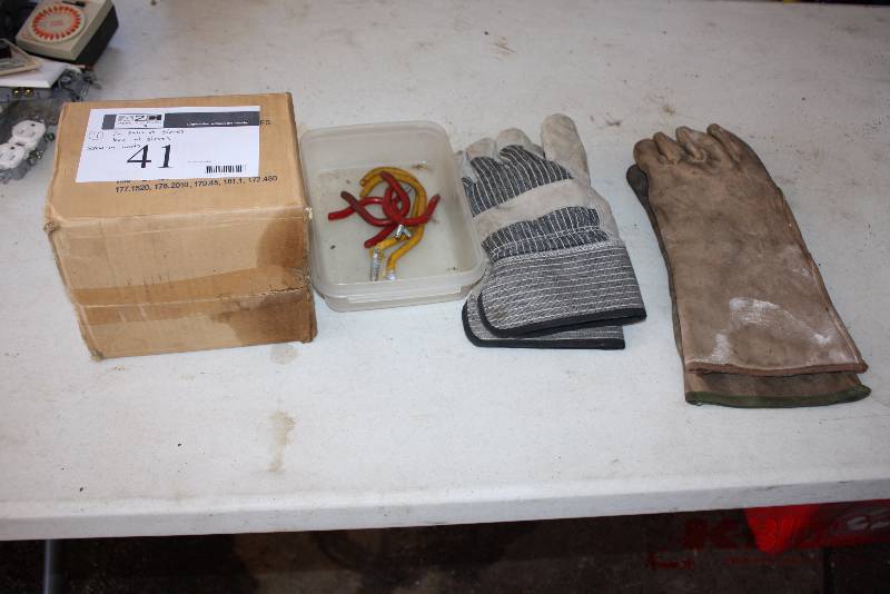 lot 41 image: Lot of (4) Including Hanger Hooks Work Gloves Box of Disposable Polyethylene Gloves.