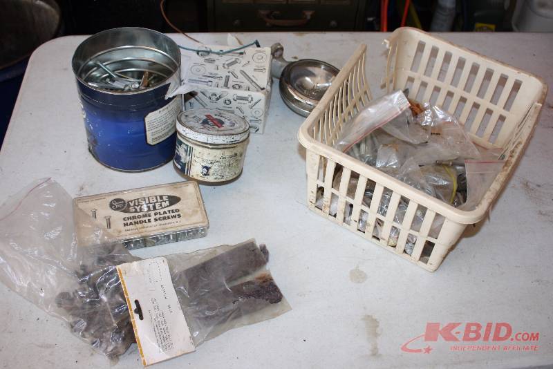 lot 33 image: Bin Lot Including Long Bolts Exterior Light wCords Chrome Plated Handle Screws And More.