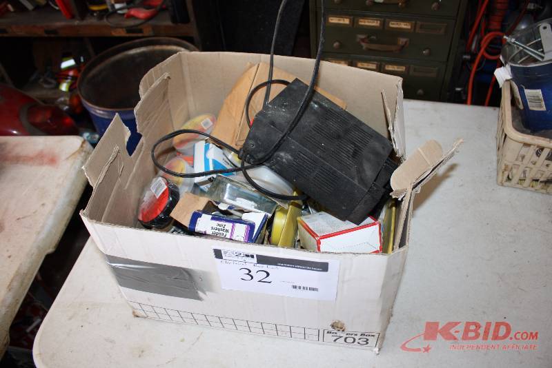 lot 32 image: Box Lot Including Flange Anchors Regulated DC Power Supply Battery Charger Plastic Containers And More.