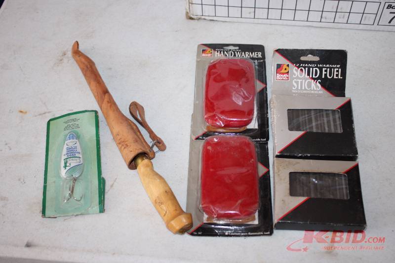 lot 29 image: Lot of (6) Including Fishing Knife Fishing Lures Solid Fuel Sticks (2) Hand Warmers (2).