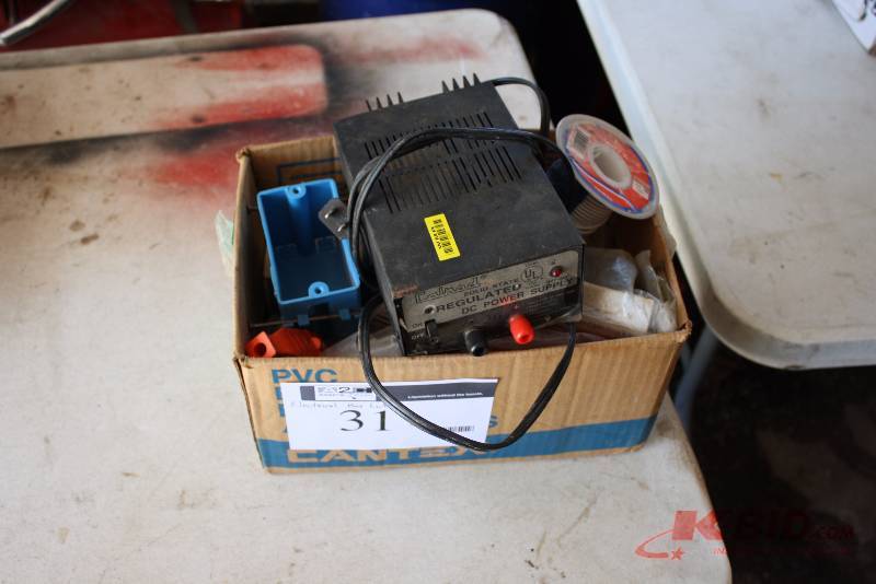 lot 31 image: Box Lot Including Wing Nut Wire Caps Regulated DC Power Supply Battery Charger Plastic Container And More.