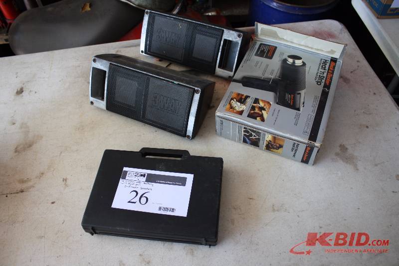 lot 26 image: Lot of (4) Including Elsafe Hotel Safe Battery Heat & Strip Heat Gun Pioneer TS X25 Speakers (2).