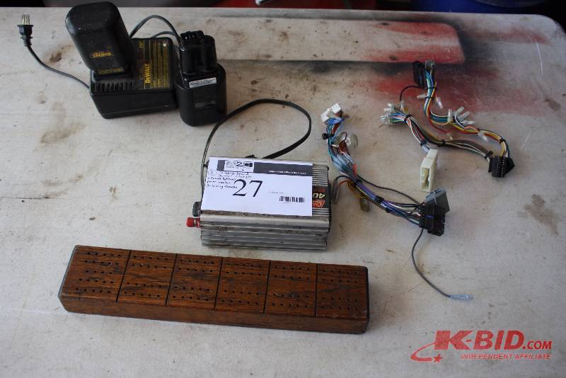 lot 27 image: Lot of (8) Including Cribbage Board DeWalt Battery Charger DW9106 DeWalt Batteries (2) Coleman 400W Power Inverter Wiring Harnesses (3).