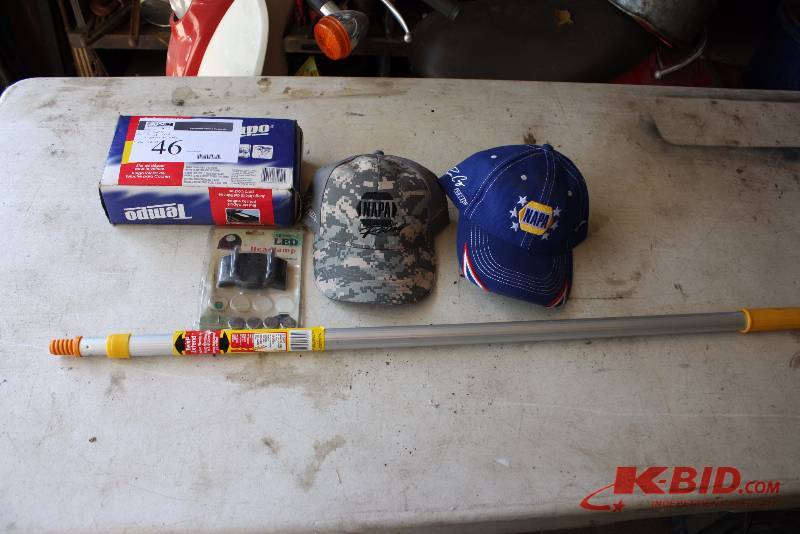 lot 46 image: Table Lot Including Tempo Hat Light Extension Pole For Cleaning Napa Hats Car Tissues.