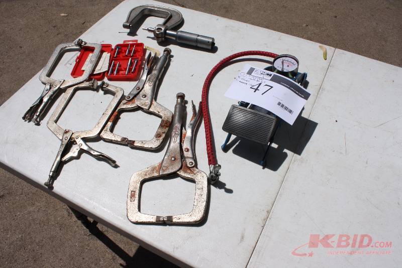 lot 47 image: Tool Lot Including Metal GripsClamps Foot Pump Router Bit Set Measuring Clamp.