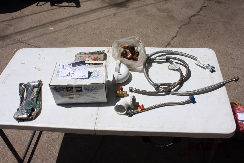 lot 45 image: Plumbing Lot Including Brass Fitting Bag of Copper Gasket Makers PVC Elbows Braided Hoses (4) Faucet Shower Arm Extension.