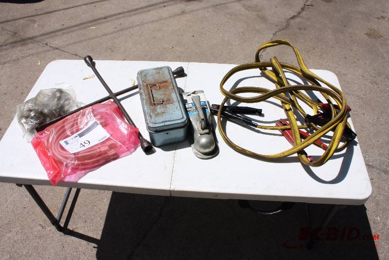 lot 49 image: Lot of (6) Bungee Straps Jumper Cables Trailer Coupler 4-Way Hose Clamps Tool Box.