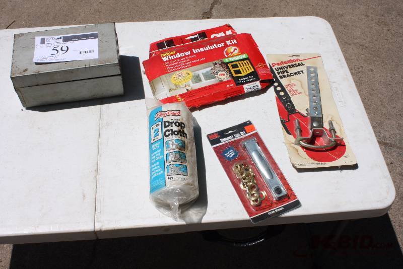 lot 59 image: Lot of (5) Including Window Insulator Kit Drop Cloth RivetGrommet Kit Grommet Tool Kit Universtal Pipe Bracket.