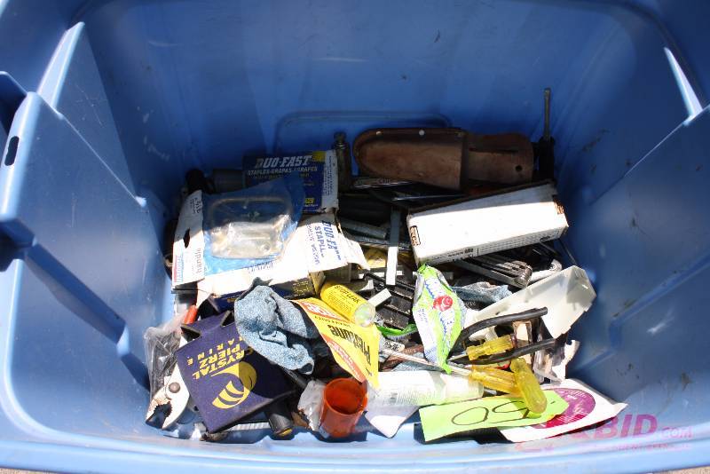 lot 52 image: Box Lot Including Coozies Screw Drivers Knife Sheath And More Does Not Include Container.