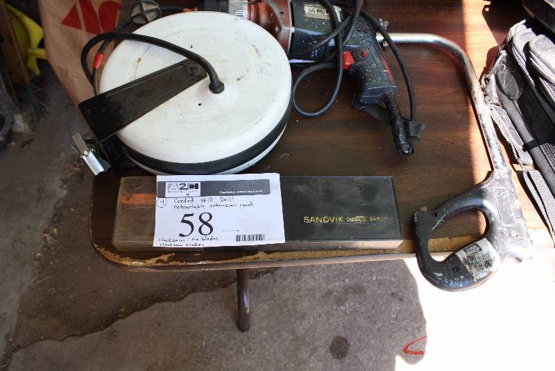 lot 58 image: Lot of (4) Including Corded Skil Drill Retractable Extension Cord Hacksaw wOut Blades Hacksaw Blades.