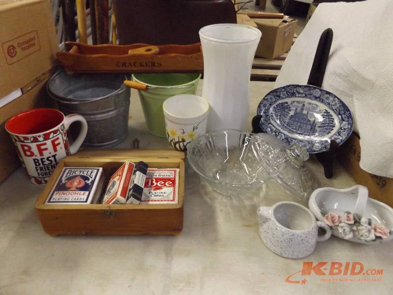 Blue Plate, Vase, Wood Box with Cards