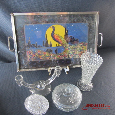 lot 139 image: Peacock Tray, Vase, Candy