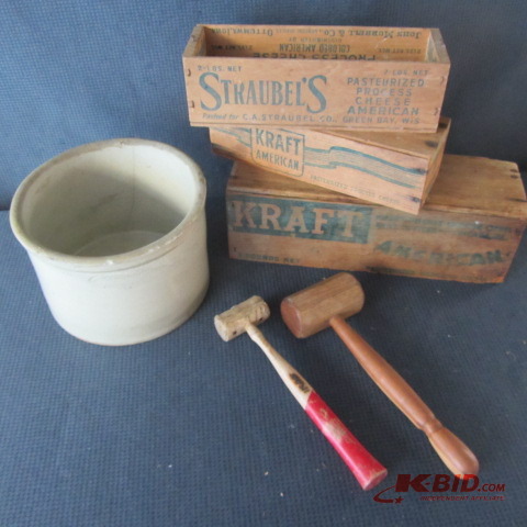 lot 240 image: Wooden Cheese Boxes, Mallets