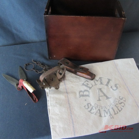 lot 270 image: Wooden Box, Flour Sack, Victor Trap