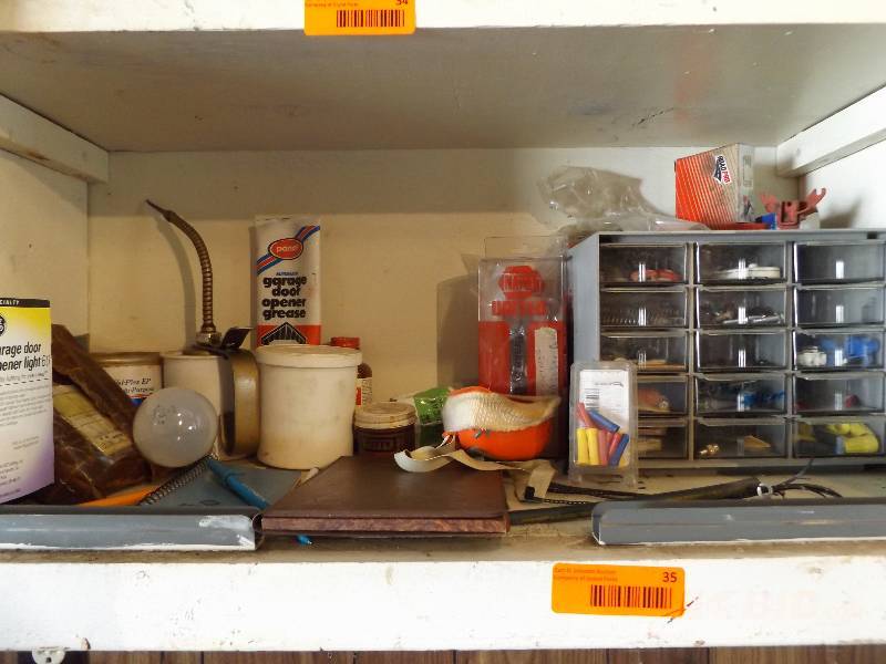 Assorted Garage Items on Bottom Shelf