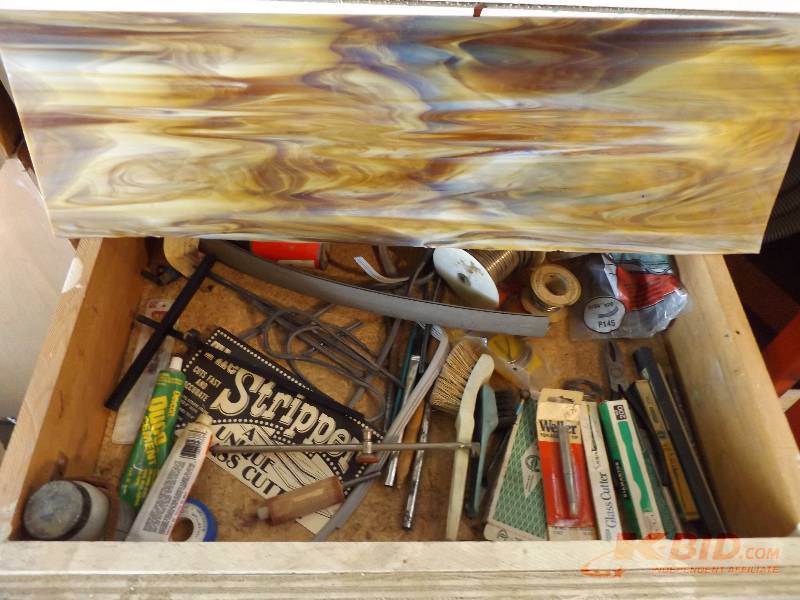 Assorted Sizes of Stained Glass and Drawer Contents