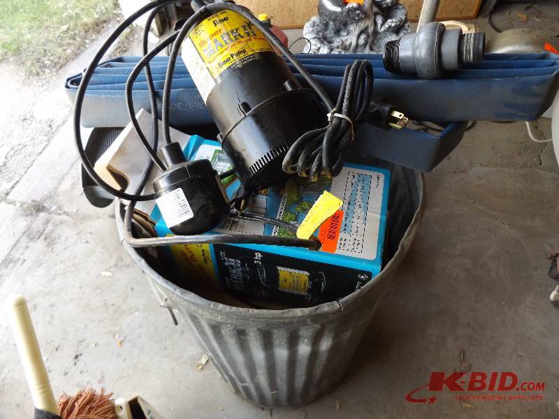 Galvanized Trash Can, Sump Pump and Hose