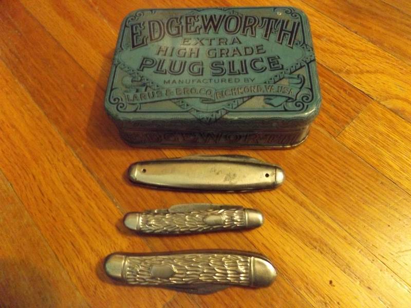 Old Tobacco Tin and 3 pocket knives