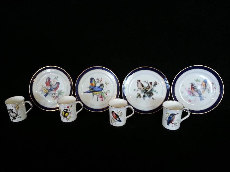 lot 37 image: Lot of (8) Bird Cups and Plates - Western Germany, Queens China