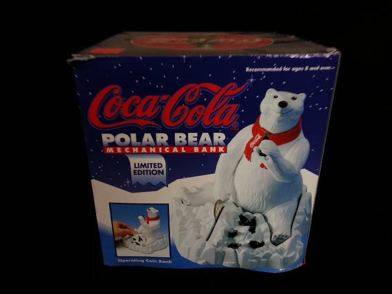 lot 48 image: 1995 Coca-Cola Polar Bear Mechanical Bank in Box