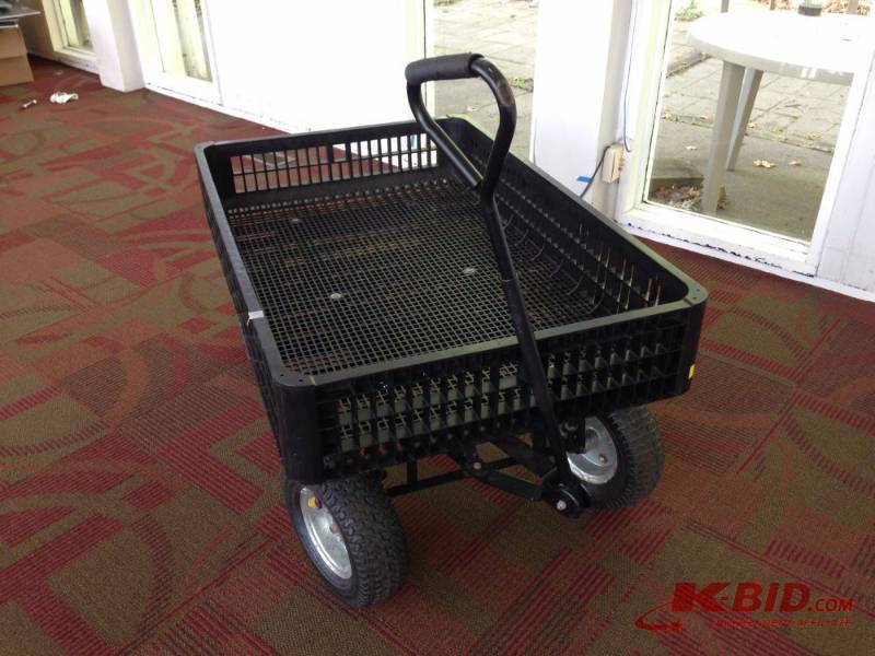 lot 28 image: Black crate cart on wheels. Tires are 13x5.00...