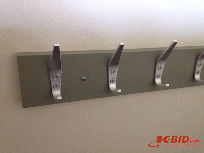 lot 64 image: Pine coat rack painted gray. Measures 32in wi...