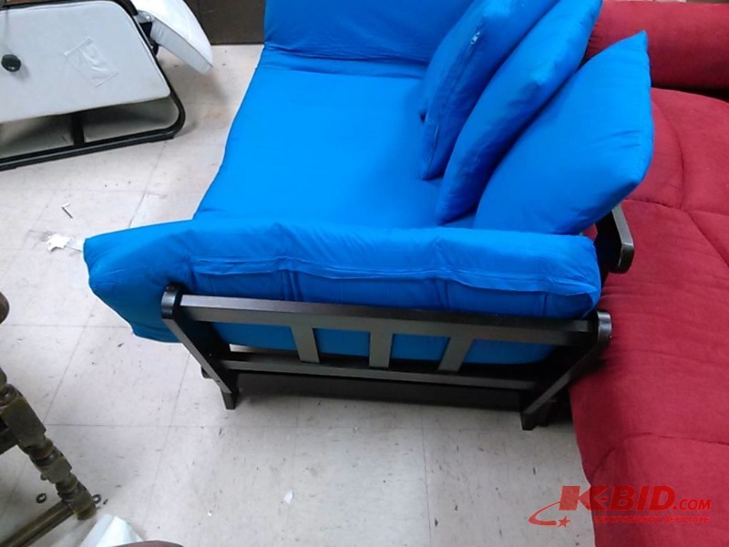 lot 13 image: Awesome Brand New Overstock Pier One Imports Solid Wood Small Futon Couch