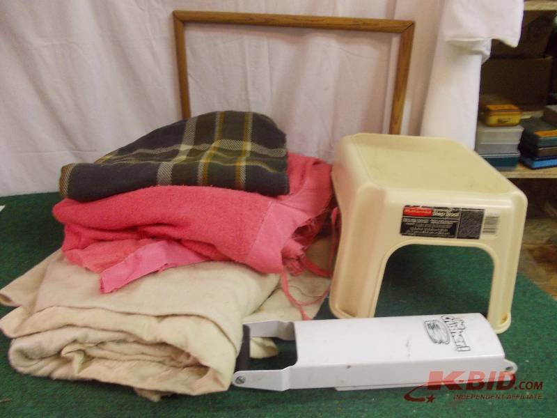 Box Lot - Old Blankets (1-Wool), Can Crusher, Step Stool