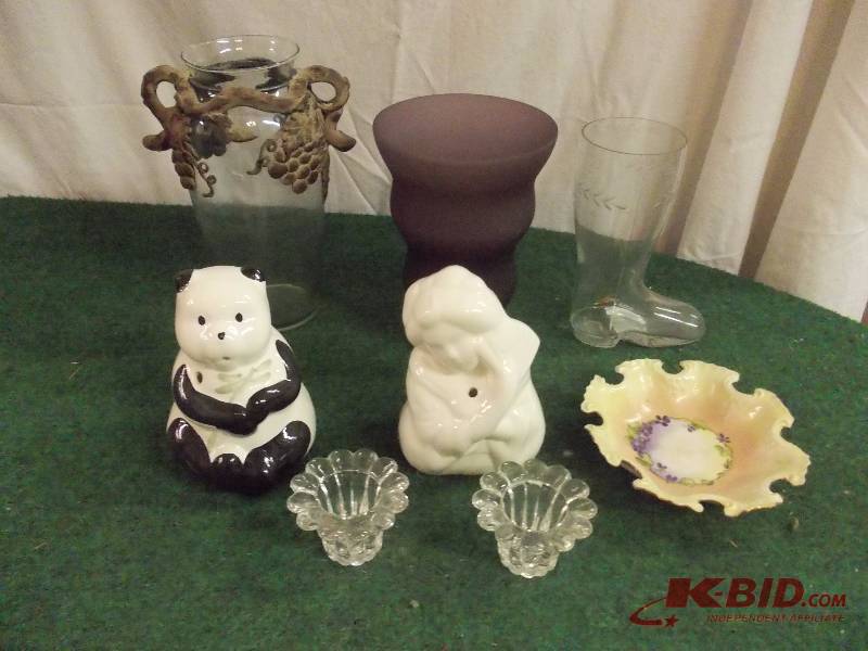 Box Lot - Vintage Floral Dish, Purple Vase, Candle Holders, More