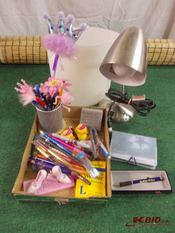 Box Lot Office Related - Desk Lamp, Trash Can, More