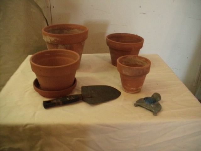 Terra Cotta Flower Pots, Hand Spade & Sprinkler