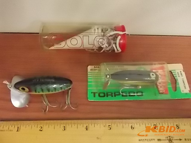 lot 50 image: 3-Lures (Heddon Baby Torpedo, Fred Arbogast Jitterbug, Solo Systems)
