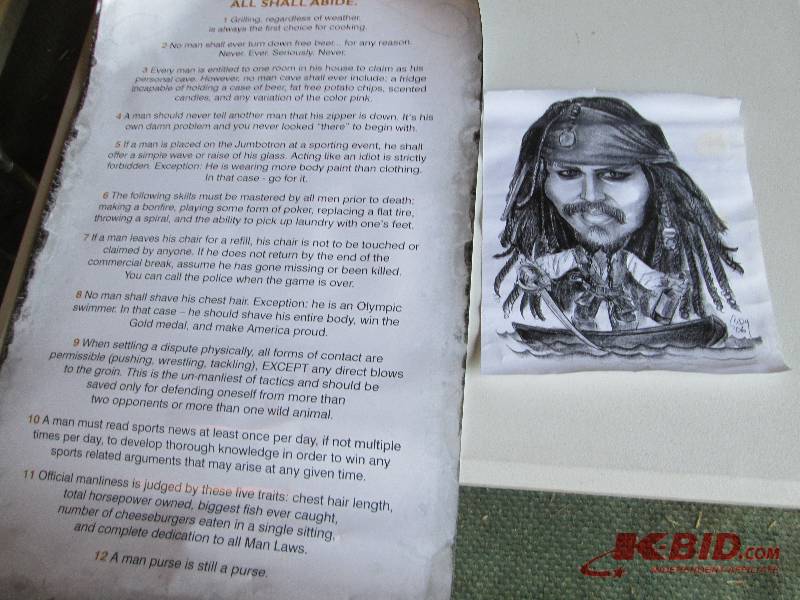 lot 129 image: Man cave law poster and sketch of J...