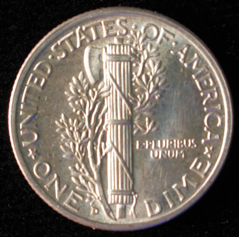 1943-D MERCURY SILVER DIME BU FSB FULL SPLIT BANDS W OBVERSE DIE CRACK