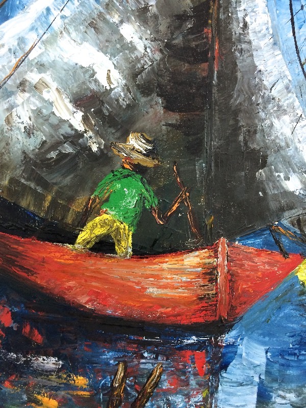 Signed Original Oil On Canvas of Sailboats and Boatmen