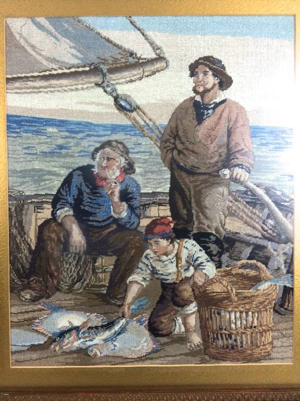 Very Old Petit Point of Two Fishermen & Boy with their Catch in a lovely old Frame