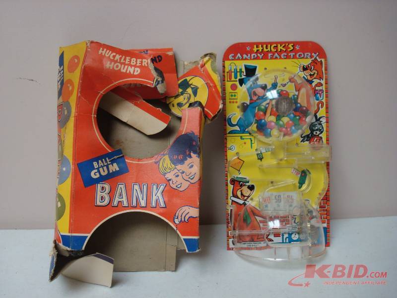 lot 51 image: Vintage Huckleberry Hound Tin Litho Gumball Bank, Shows Wear, Box Is Tattered