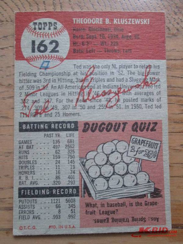 1953 Topps Ted Kluszewski Reds base...
