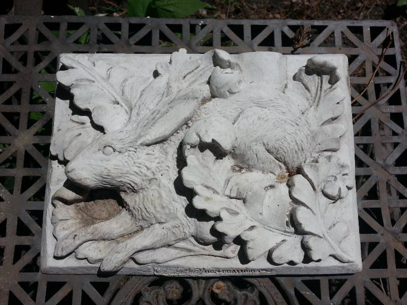 lot 113 image: Lot of (4) Garden Dcor Pieces, Rabbit, Young Fern Boy, Winged Time, Etc.